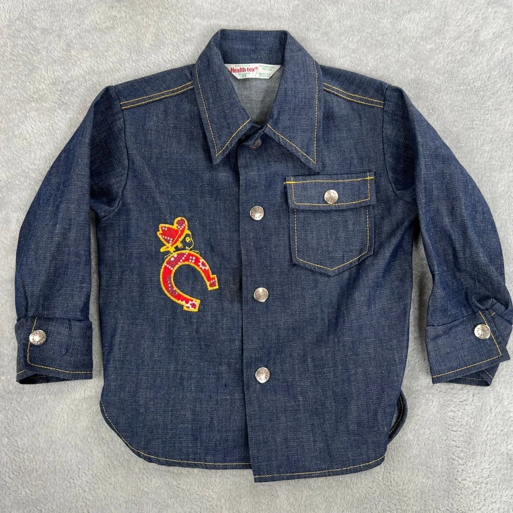 Vintage Health-Tex Selvedge Denim Jacket 4T Blue Kids Western Snap Front Shirt